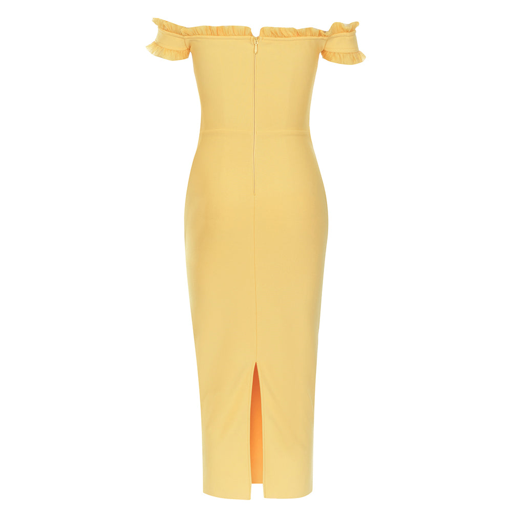 Off Shoulder Ruffle Detail Midi Dress Yellow HV9692