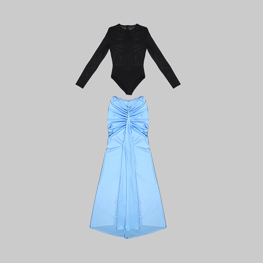 Long Sleeve Draped Maxi Two Piece Dress Black Blue HV9678