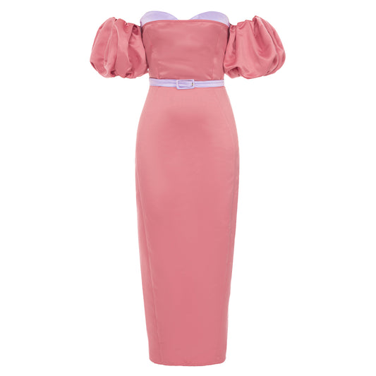 Puff Sleeve Off Shoulder Midi Dress Pink Lavender HV9376