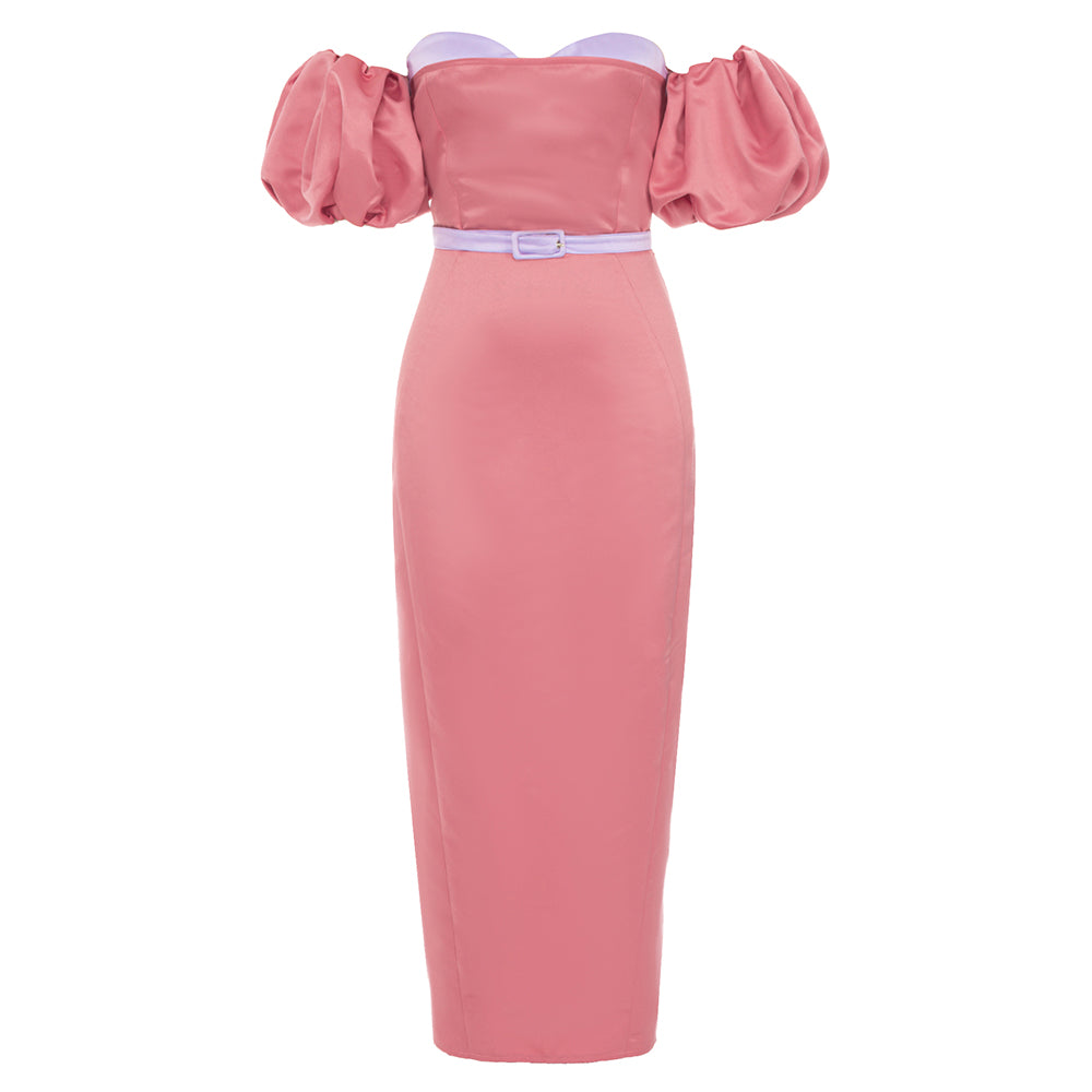Puff Sleeve Off Shoulder Midi Dress Pink Lavender HV9376