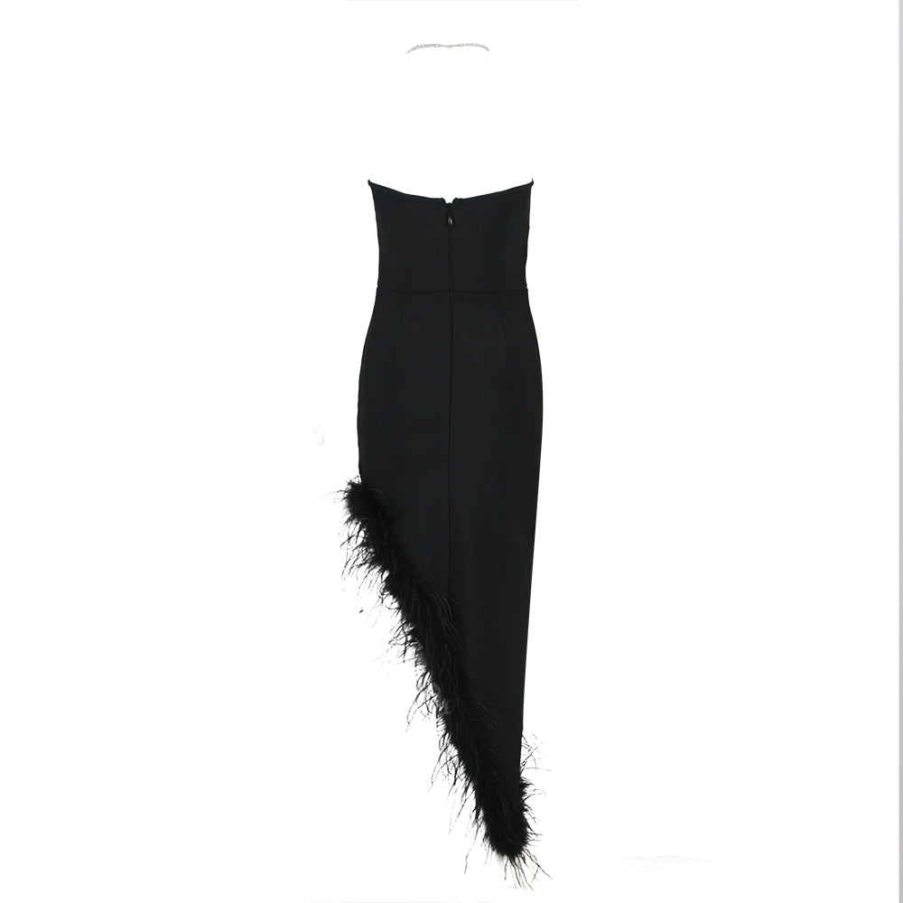 Halter Crystal Feather Maxi Dress Black HV1121
