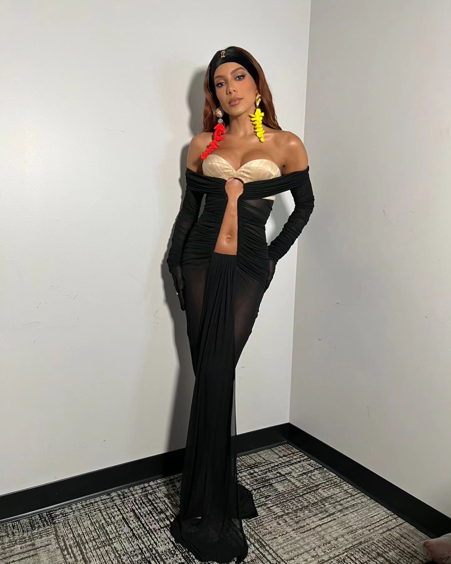 Long Sleeve Bustier Ruched Mesh Maxi Dress Black HV1117