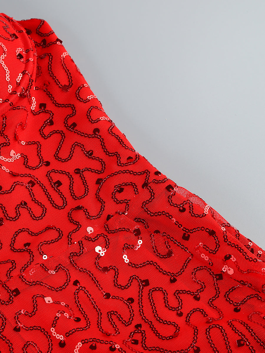 Bustier Sequin Ruffle Maxi Dress Red