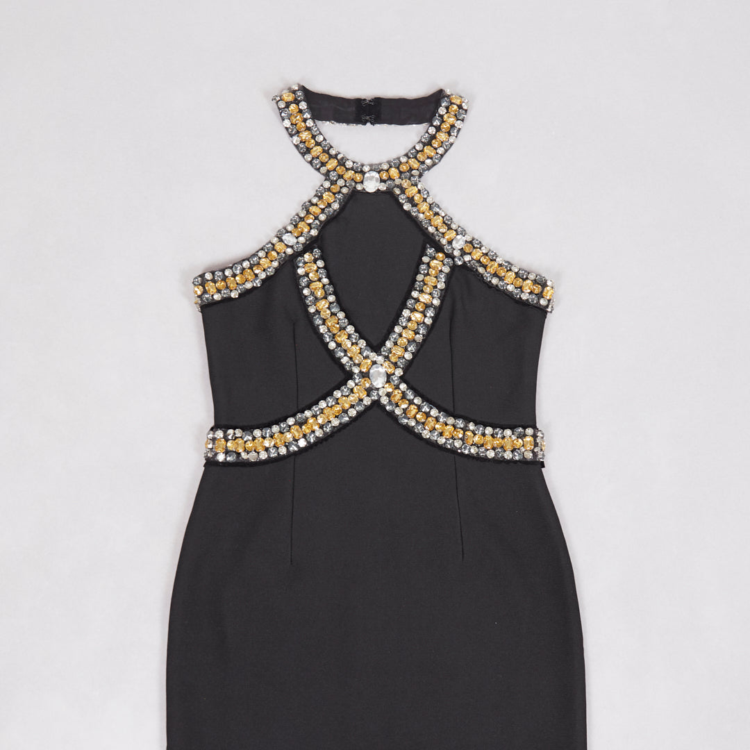Halter Crystal Midi Dress Black BB085