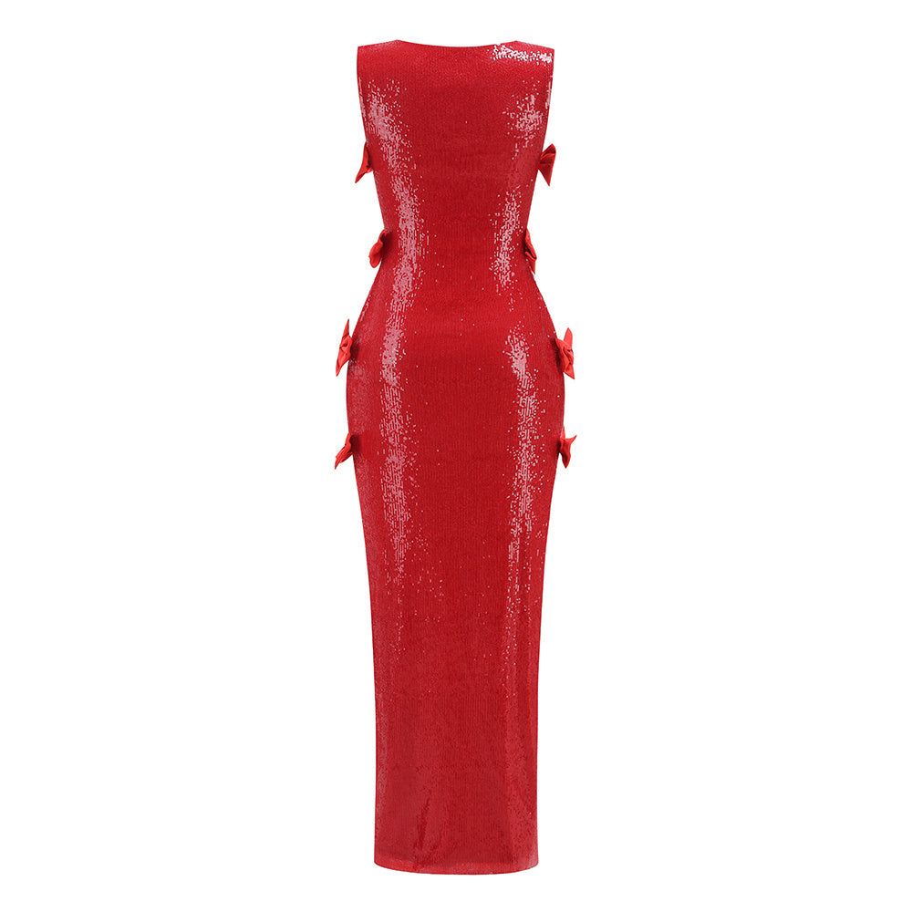 Bow Detail Sequin Maxi Dress สีแดง HV2827