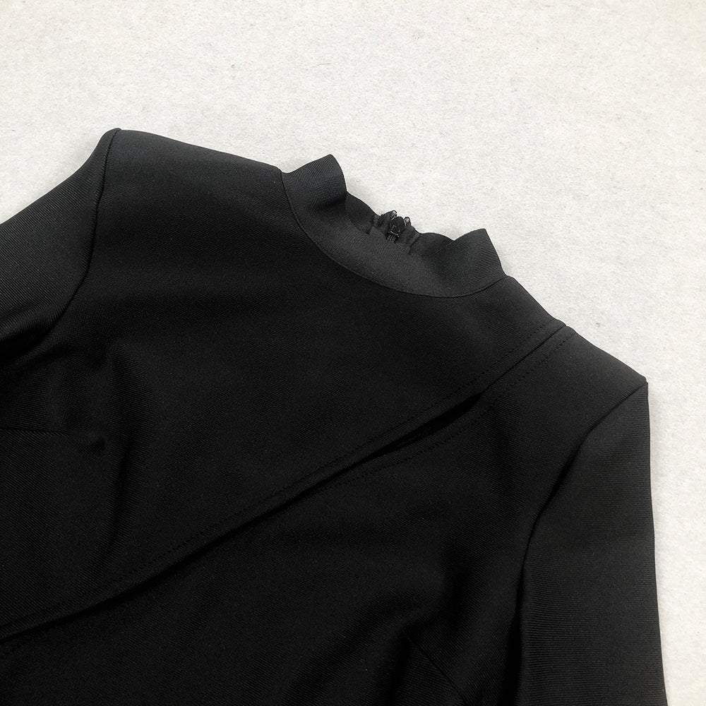Long Sleeve Gold Flowers Cut Out Dress Black HV1425