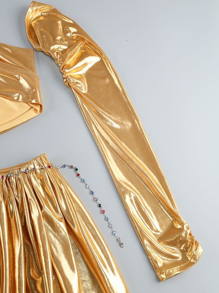 Halter Long Sleeves Draped Maxi Dress Gold HV1653