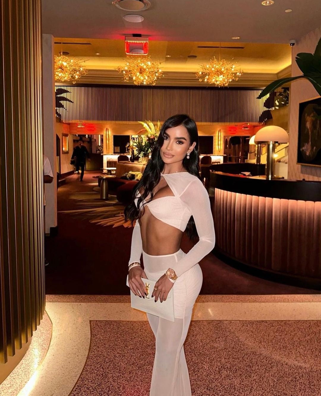 Long Sleeve Draped Two Piece Jumpsuit Nude HV1125