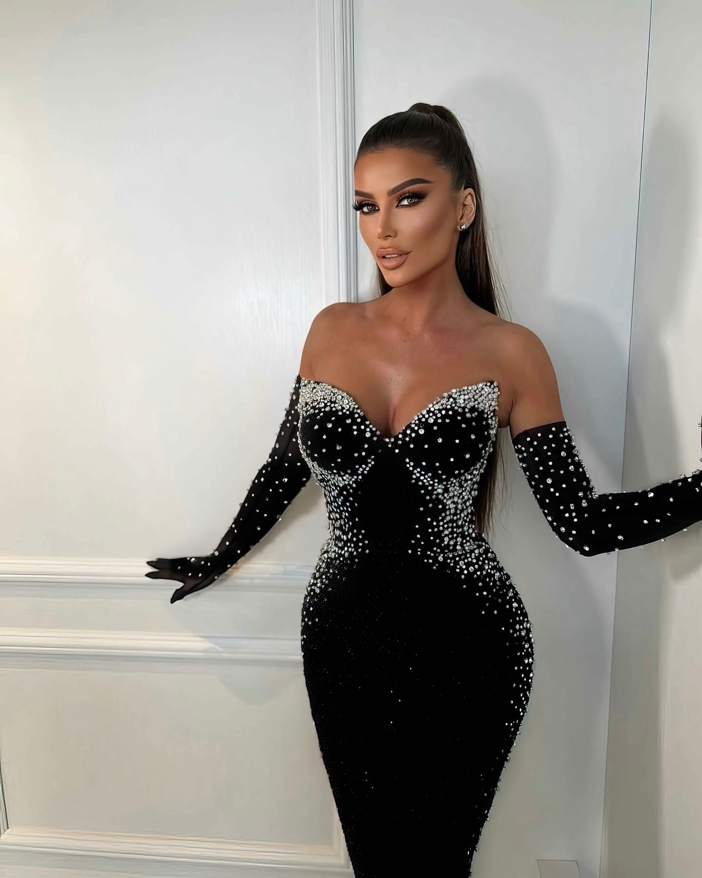 Strapless Crystal Bustier Maxi Velvet Dress Black HV1969