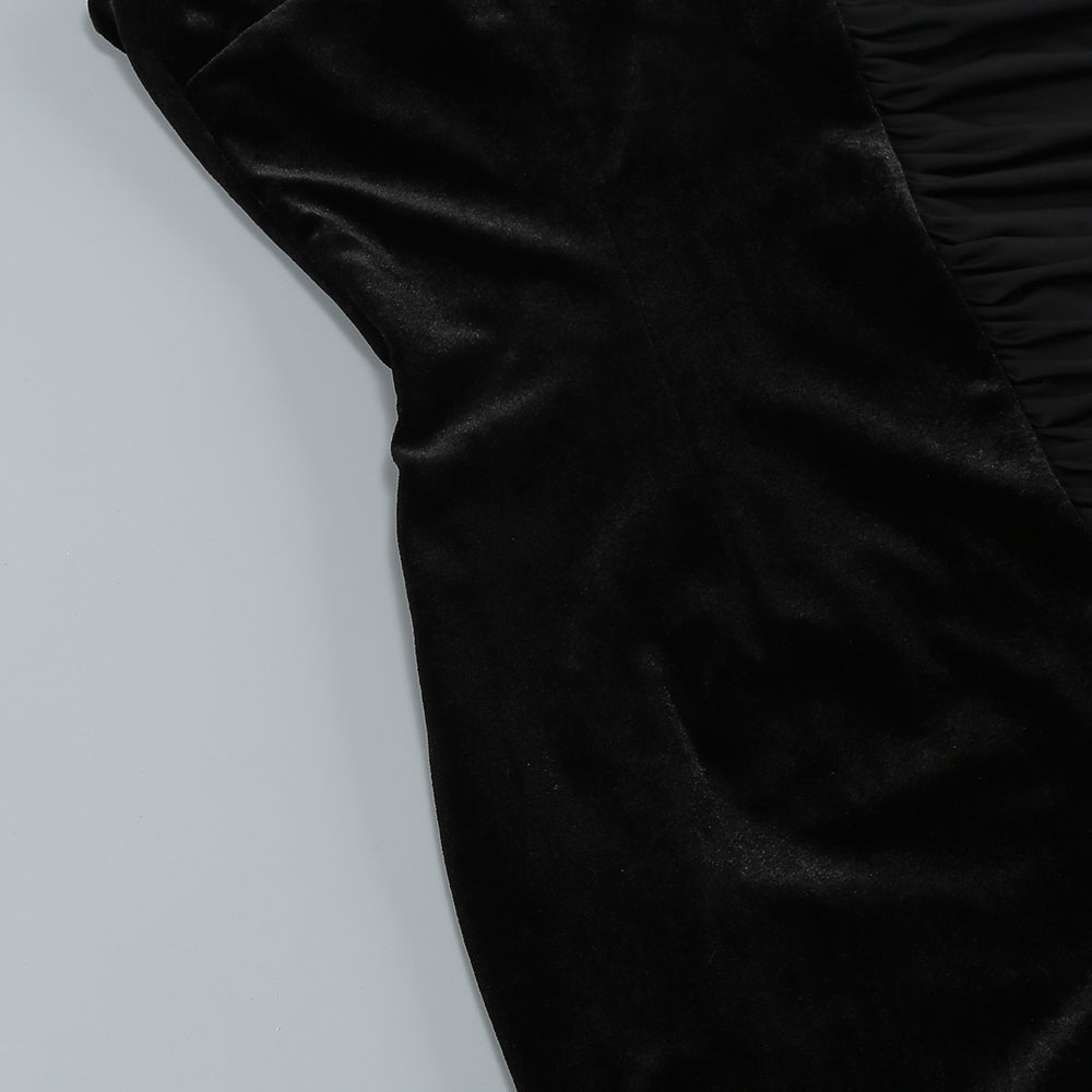 Halter Chain Detail Ruched Velvet Dress Black HV1615