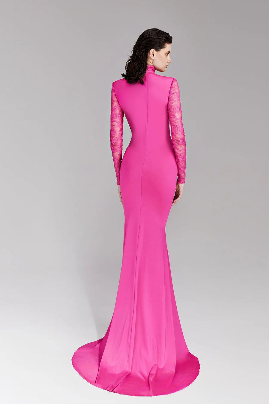Lace Long Sleeve Draped Maxi Dress Hot Pink HV1768