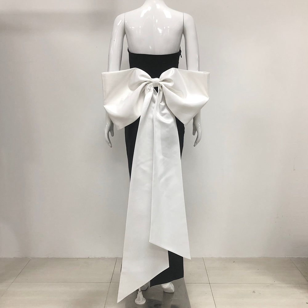 Strapless Bustier Bow Detail Maxi Dress Black White HV10110