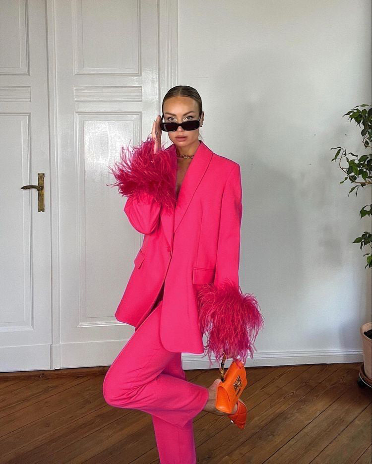 Long Sleeve Feather Detail Suit Hot Pink HV1267