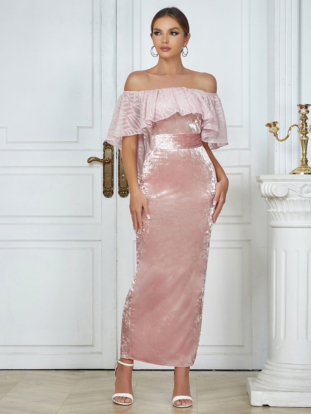 Ruffle Off Shoulder Maxi Velvet Dress Pink HV9754