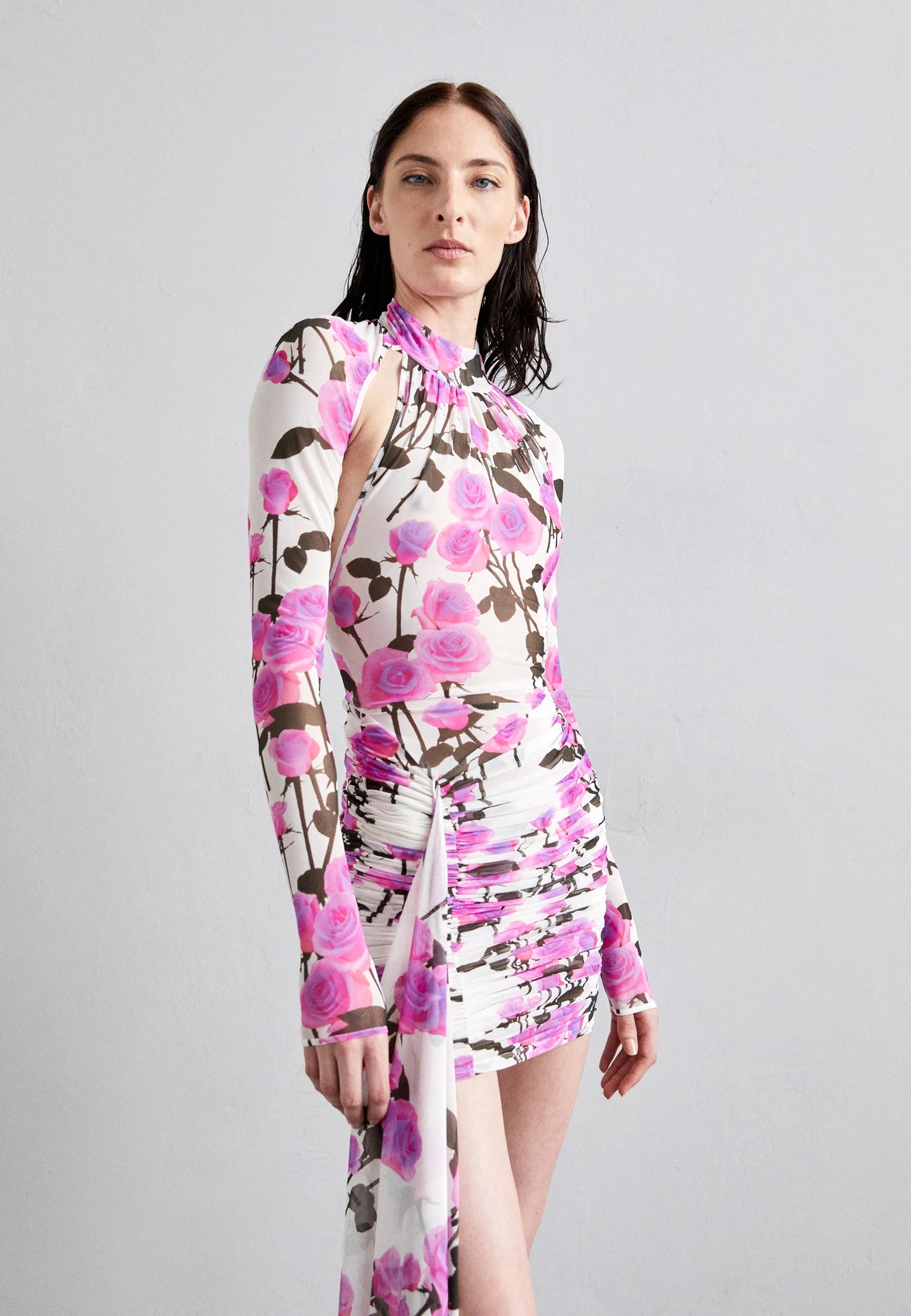Long Sleeve Floral Backless Dress Pink HV1938