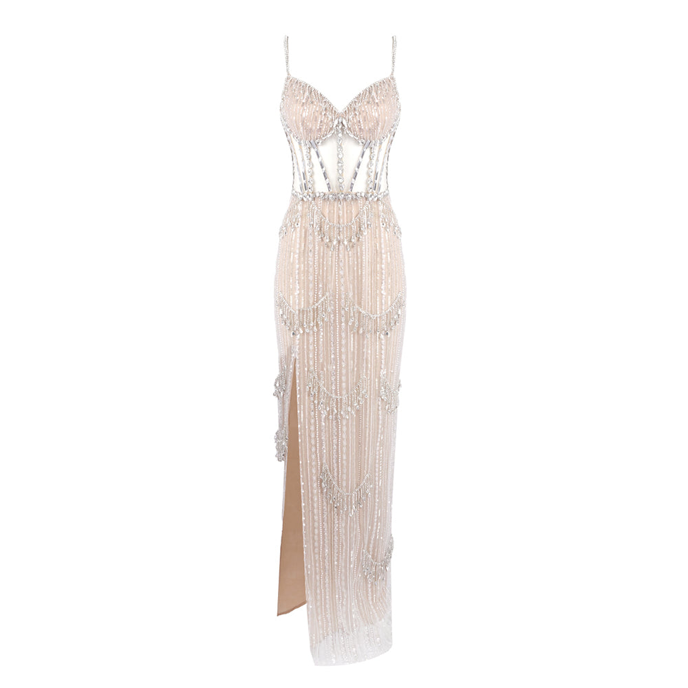 Crystal Sequin Bustier Maxi Dress Nude HV2144