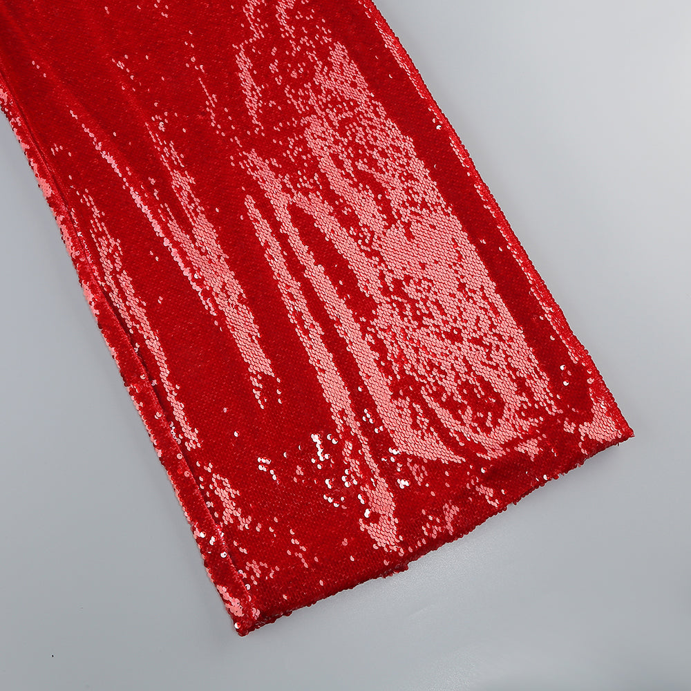 Strapless Crystal Sequin Midi Dress Red