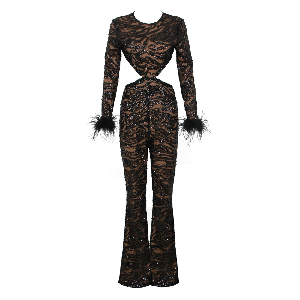 Long Sleeve Feather Sequin Jumpsuit Black HV9961