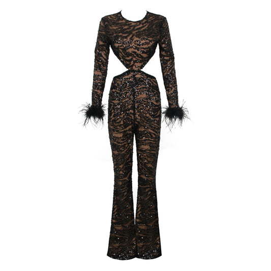 Long Sleeve Feather Sequin Jumpsuit Black HV9961