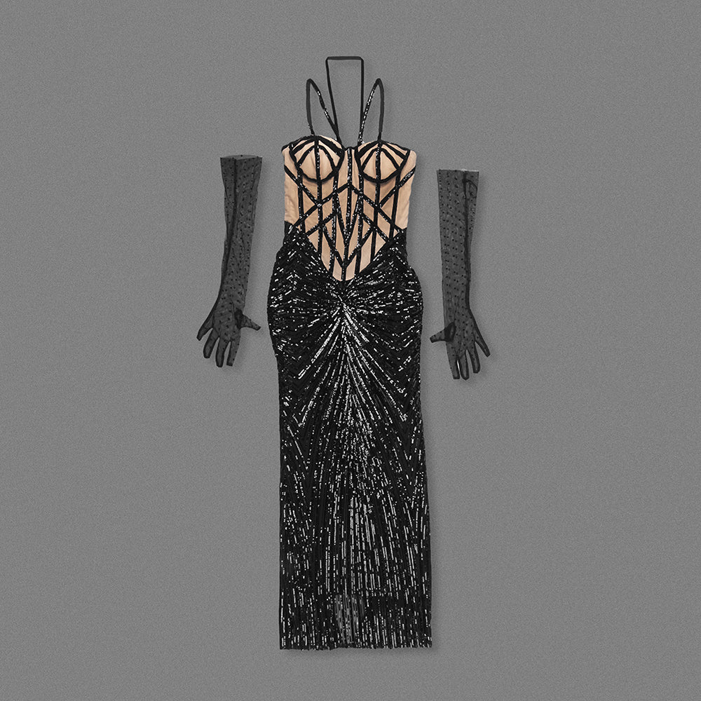 Halter Sequin Maxi Dress Black Nude HV2152