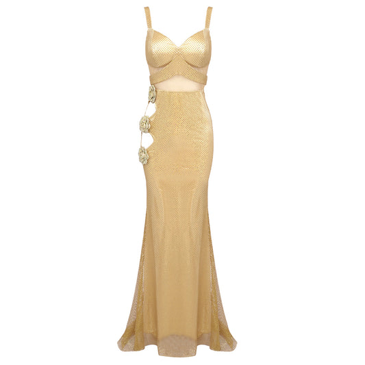 Floral Sparkly Maxi Dress Gold HV1729