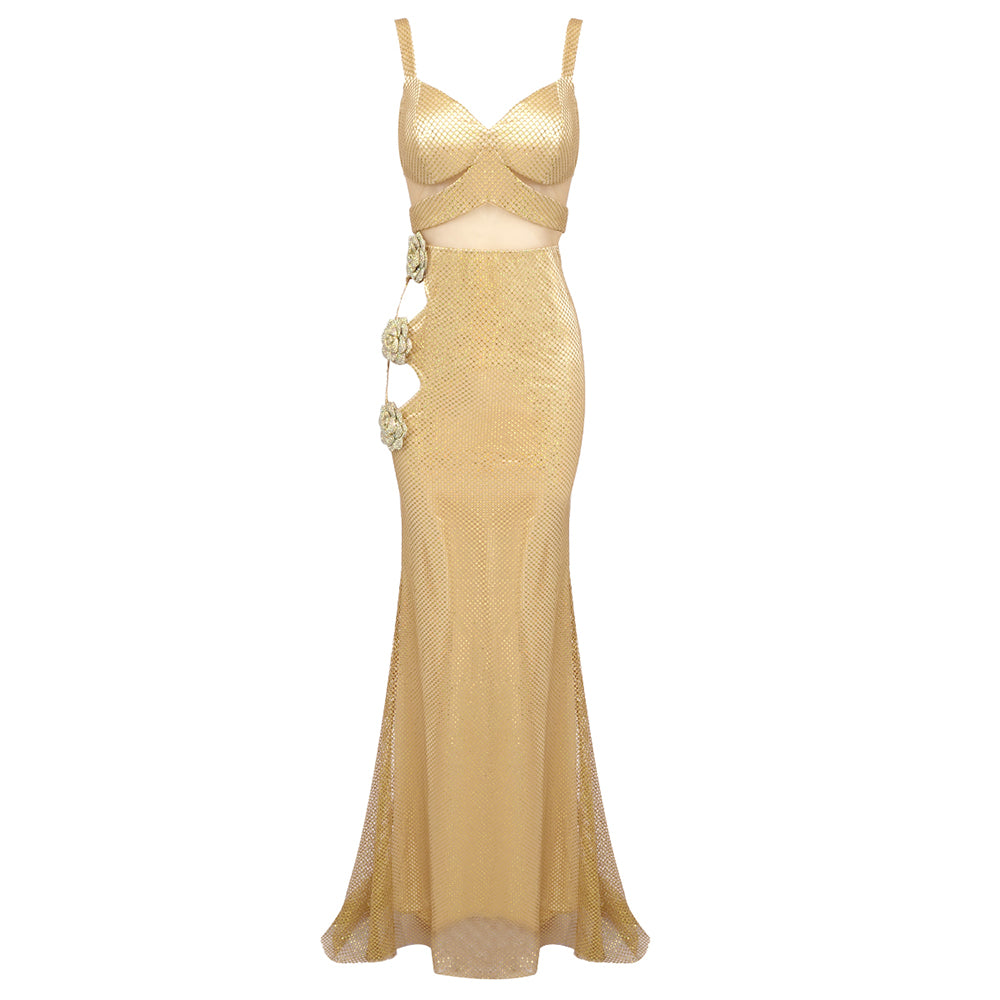 Floral Sparkly Maxi Dress Gold HV1729