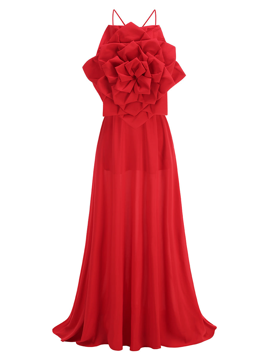 Floral Backless A Line Maxi Dress Red