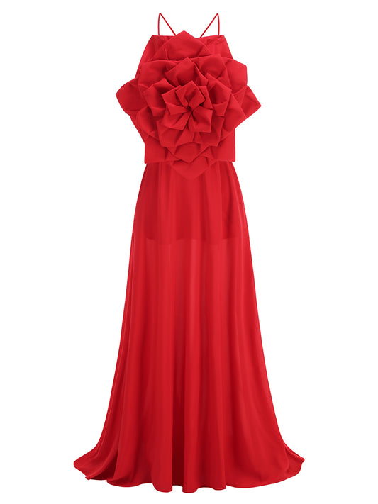Floral Backless A Line Maxi Dress Red