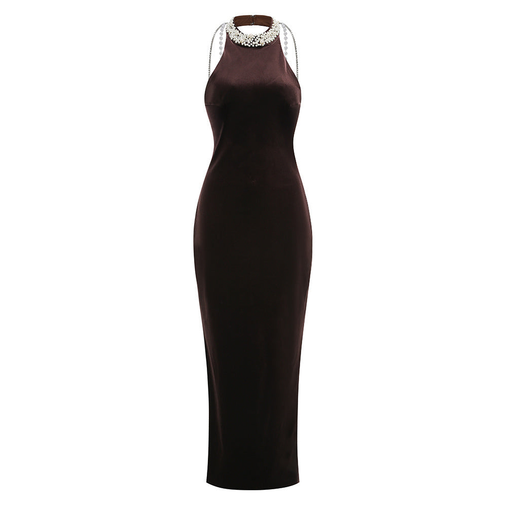 Halter Pearl Embellished Maxi Velvet Dress Brown HV2916
