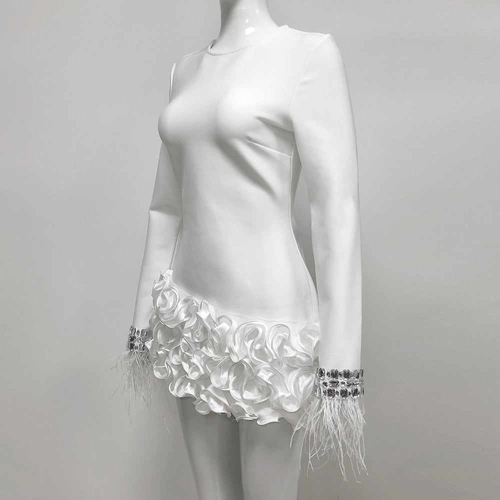 Crystal Feather Long Sleeve Ruffle Dress