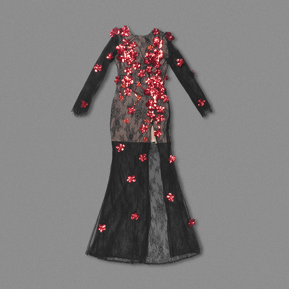 Long Sleeve Floral Detail Lace Maxi Dress Black Red HV1761
