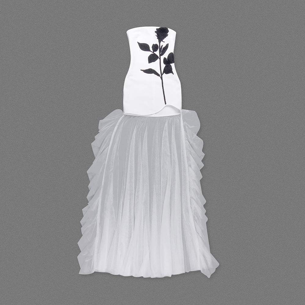 Strapless Floral Ruffle Mesh White Black HV1499