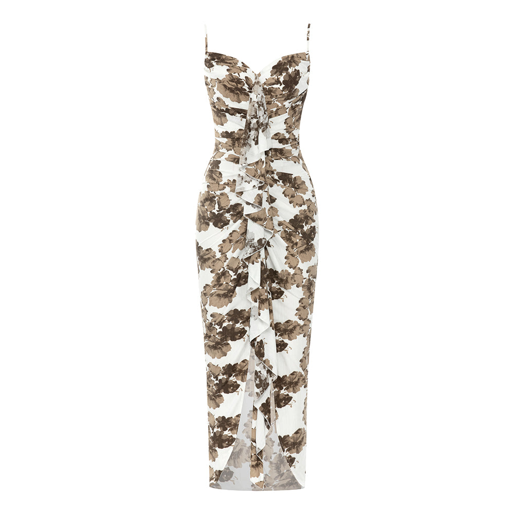 Floral Ruffle Draped Maxi Dress Brown White HV9527