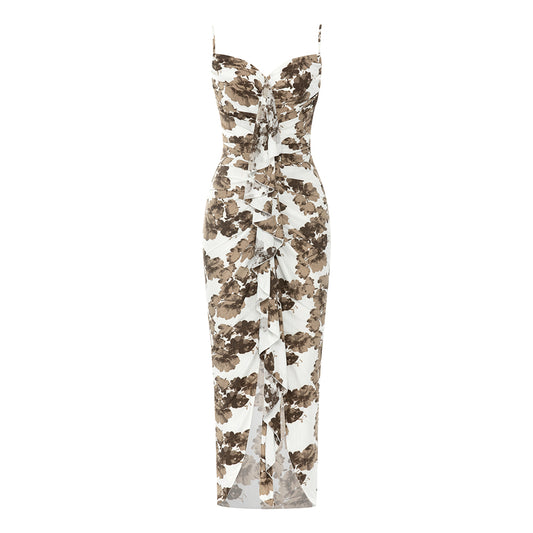 Floral Ruffle Draped Maxi Dress Brown White HV9527