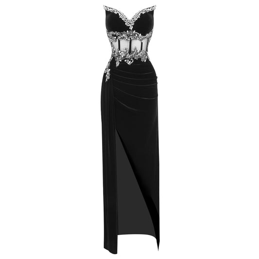 Strapless Crystal Floral Corset Maxi Velvet Dress Black HV1974