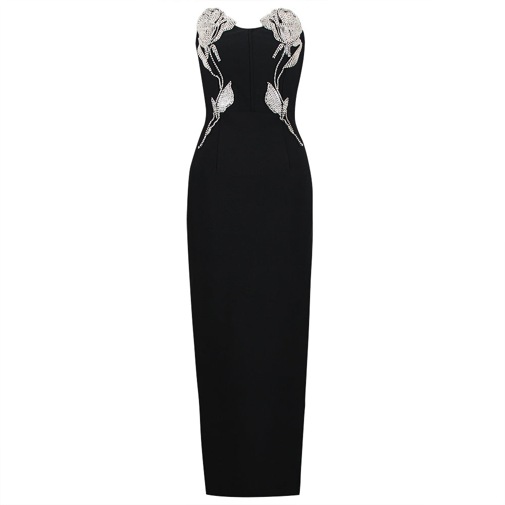 Rhinestone Flower Strapless Maxi Dress Black HV8792