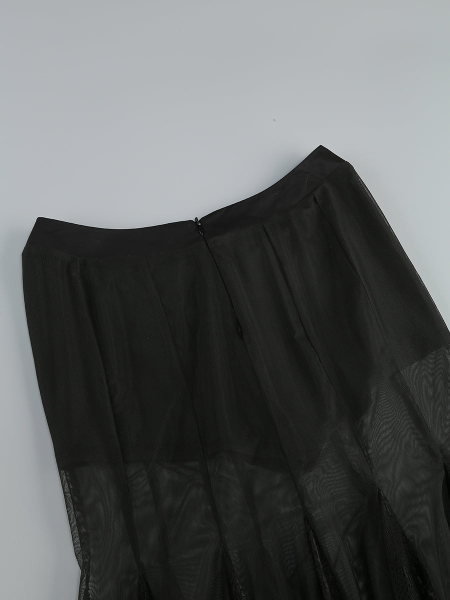Strapless Lace Corset A Line Two Piece Maxi Dress Black