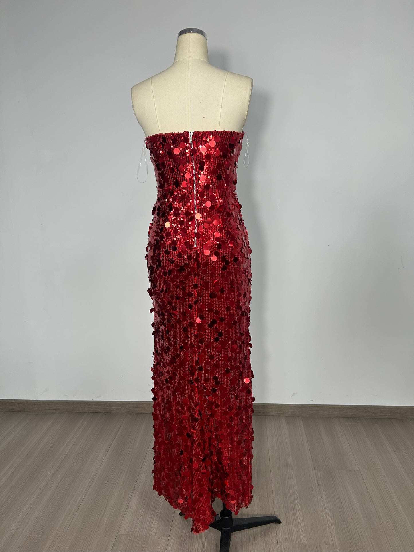 Strapless Big Sequins Maxi Dress Red BB505