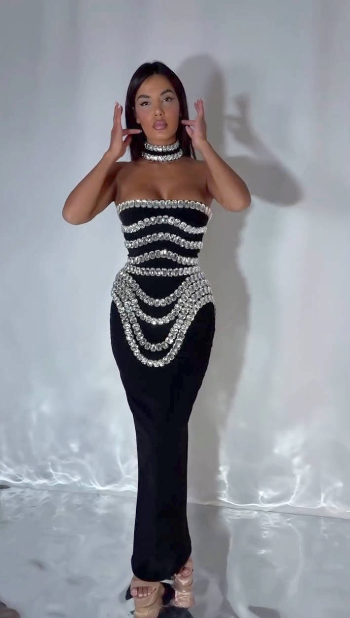 Strapless Crystal Trims Maxi Dress Black HV2003