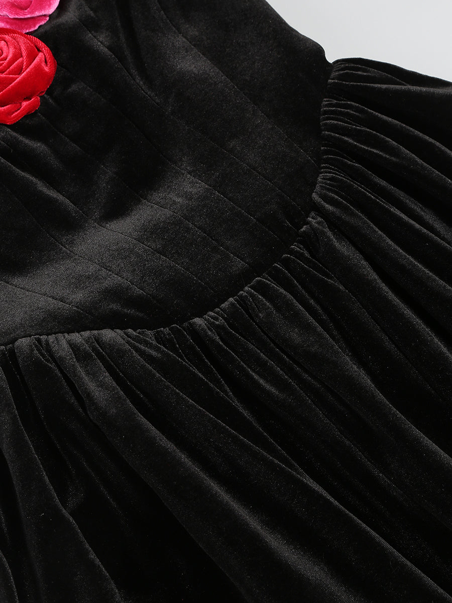 Flower Detail Strapless A Line Velvet Dress Black HV1173
