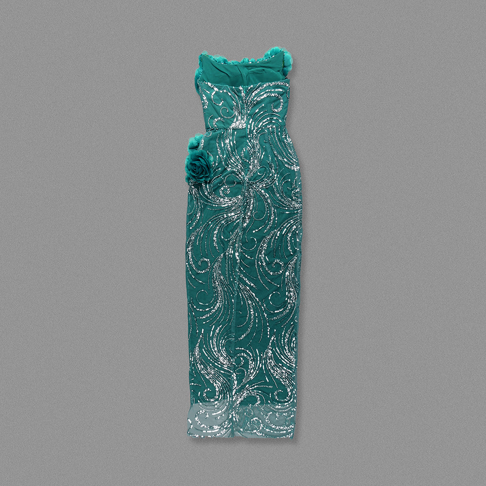 Floral Strapless Sequin Maxi Dress Green HV2080