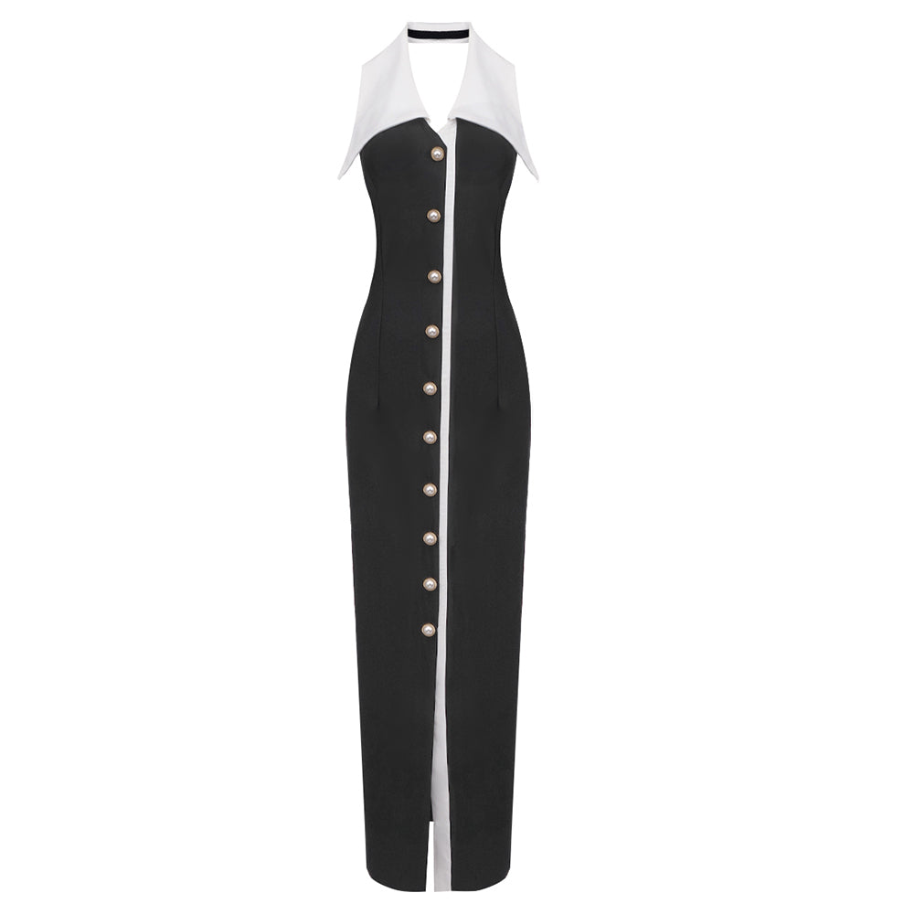 Halter Collar Maxi Dress Black White HV1780