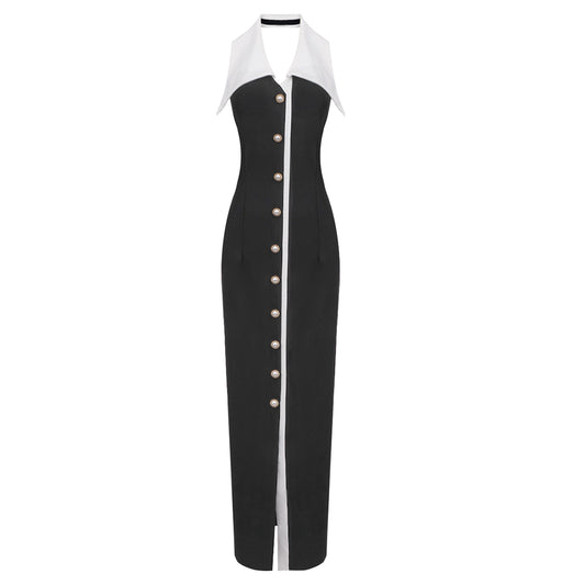Halter Collar Maxi Dress Black White HV1780