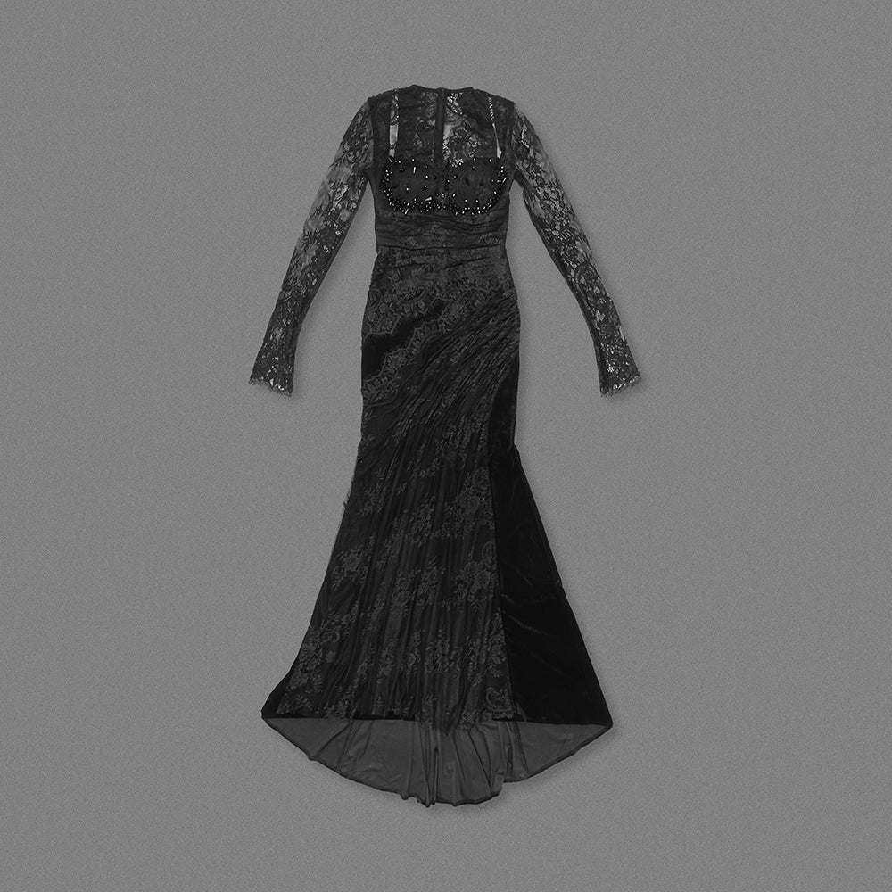 Long Sleeve Halter Sequin Lace Maxi Dress Black HV2231