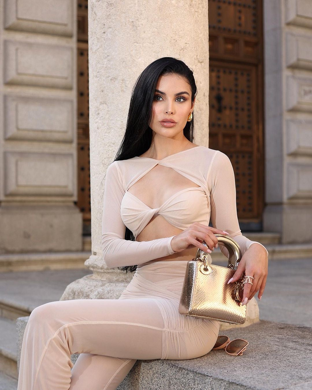 Long Sleeve Draped Two Piece Jumpsuit Nude HV1125