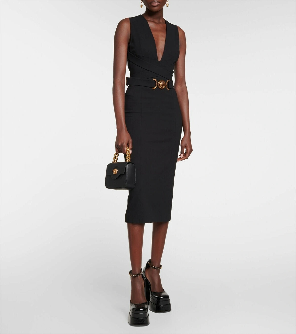 Plunge V Neck Belt Detail Midi Dress Black HV1220