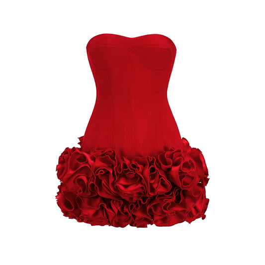 Strapless Corset Floral Ruffle Dress Red HV1645