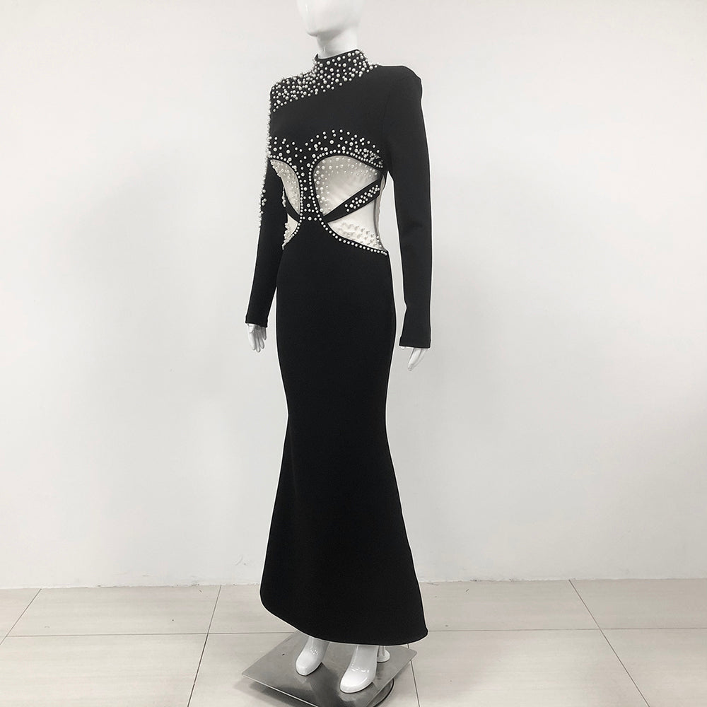 Long Sleeve Pearl Mesh Maxi Dress Black