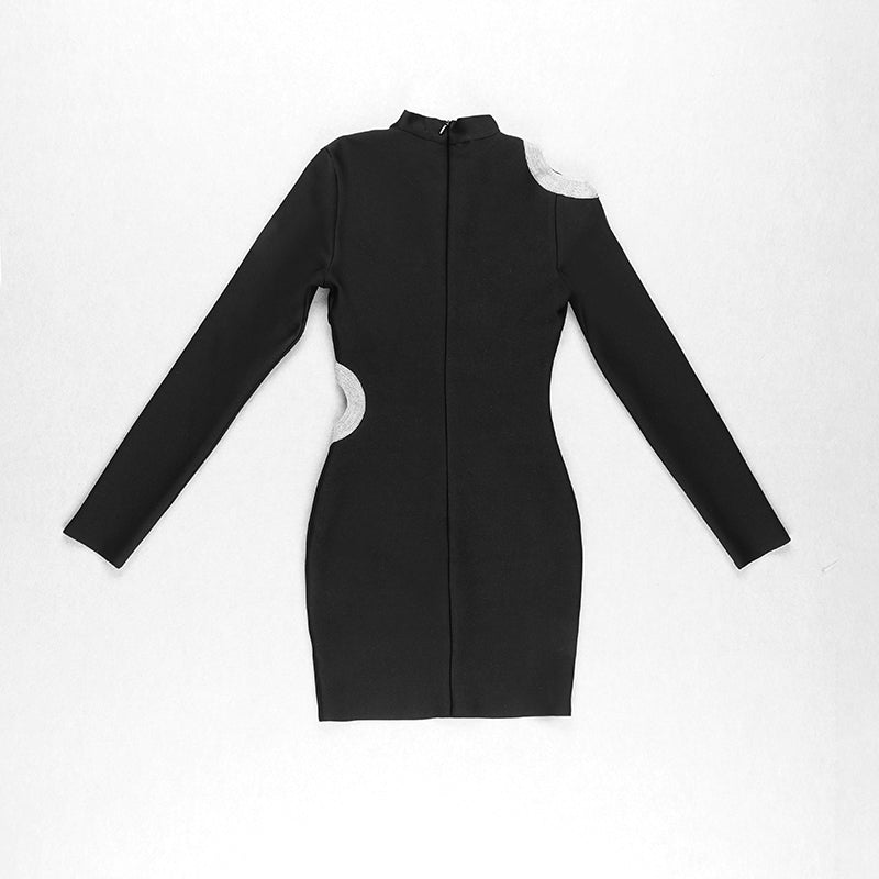 Long Sleeve Rhinestone Cut Out Dress Black HV8681