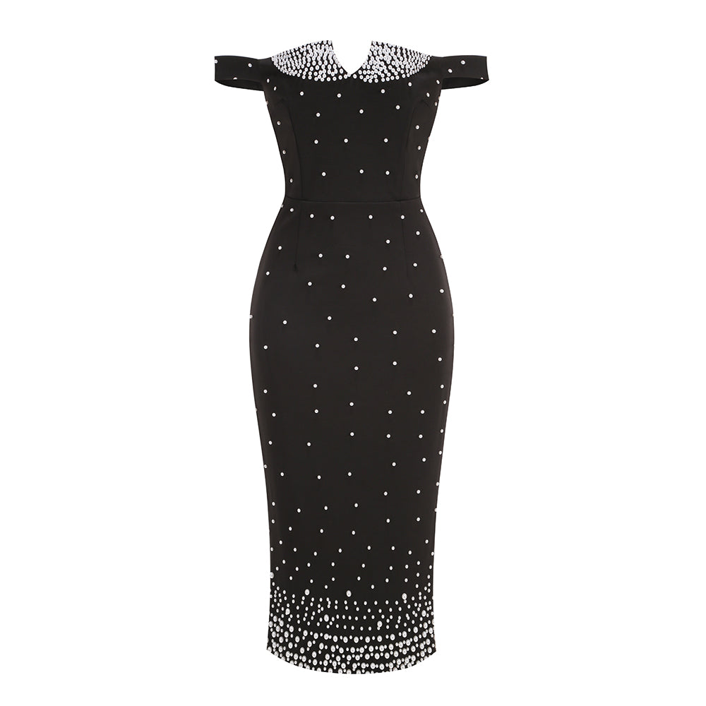 Pearl Bardot Midi Dress Black HV1770